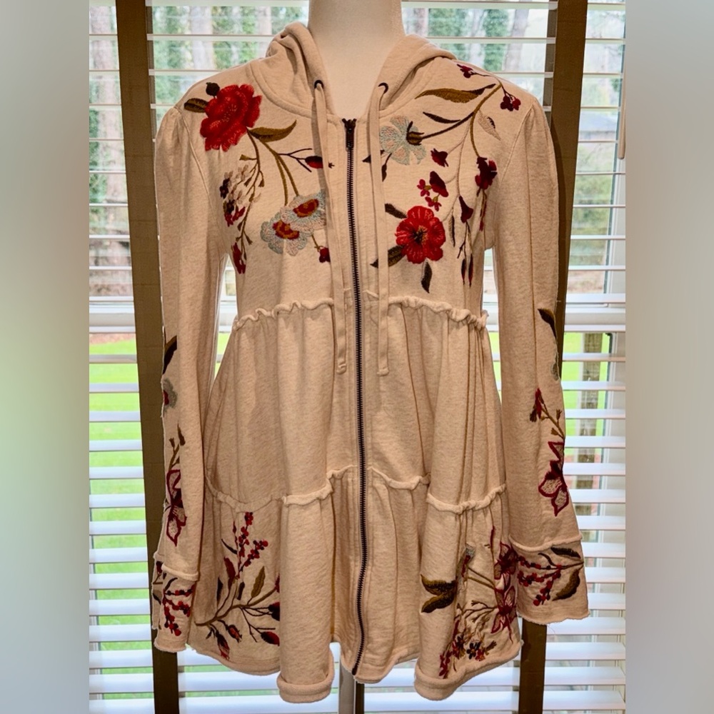 Johnny Was Cream Hooded Embroidered Tiered Cardigan with Red & Purple Floral
